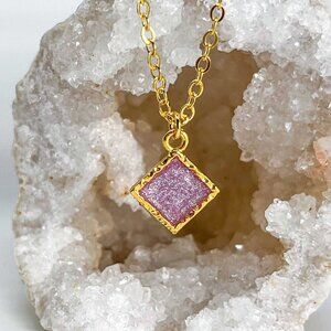 3/$20 14k Gold Violet Glitter Resin Diamond Charm Handmade Pendant Necklace